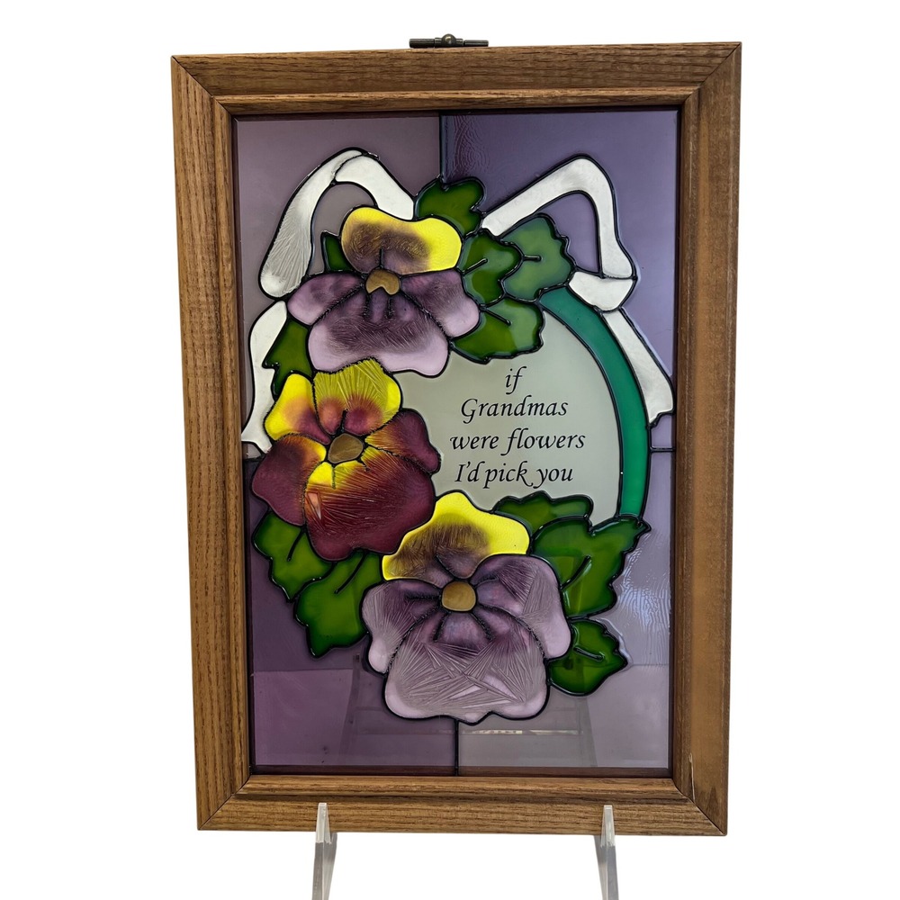Grandma Floral Faux Stained Glass Suncatcher Wall Hanging Purple Pansy Yellow